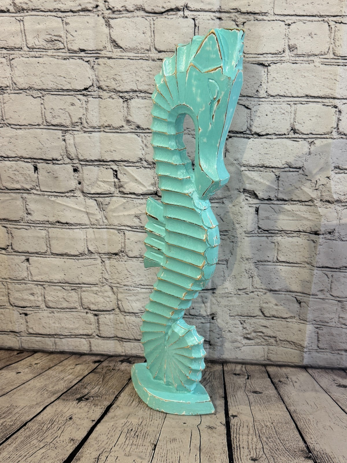 60cm Green Teal Wooden Shabby Seahorse Statue Ornament Fair Trade Handcarved2