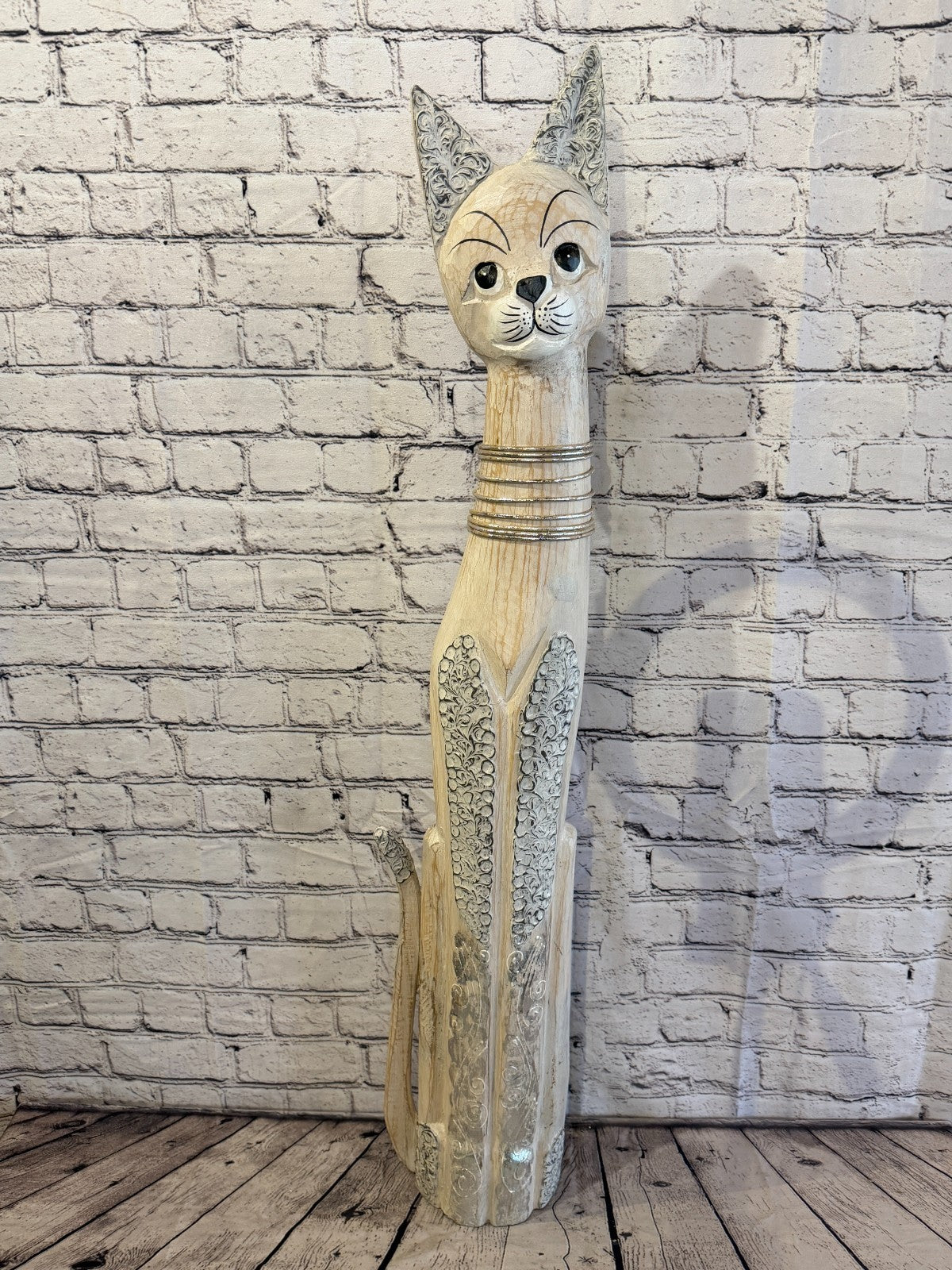 100cm White Silver Dots Wooden Shabby Cat Statue Ornament Fair Trade Handcarved0