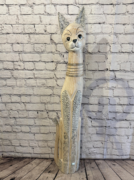 100cm White Silver Dots Wooden Shabby Cat Statue Ornament Fair Trade Handcarved0