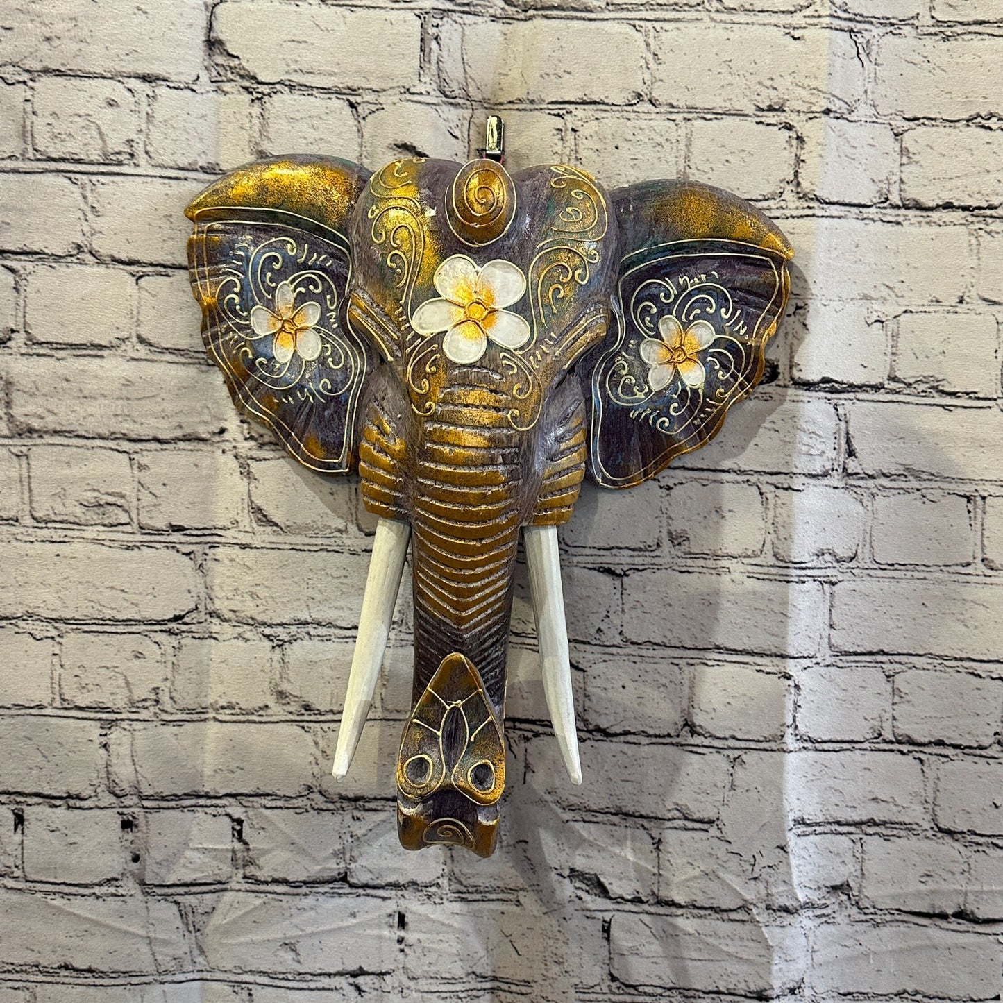 40cm x 35cm Purple Flower Painted Wood Elephant Head Wall Mounted Art Shabby2