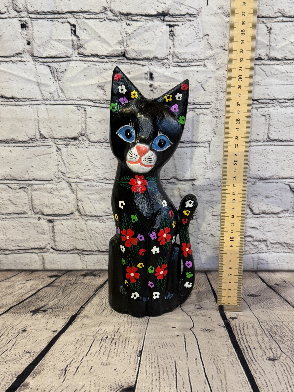 30cm Black Mix Flower Wooden Shabby Cat Statue Ornament Fair Trade Handcarved5