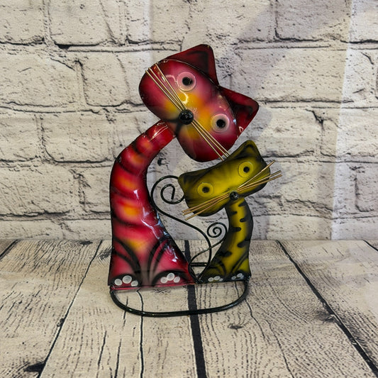 25cm x 15cm Double Cat Pink Green Metal Tin Standing Ornament Statue0