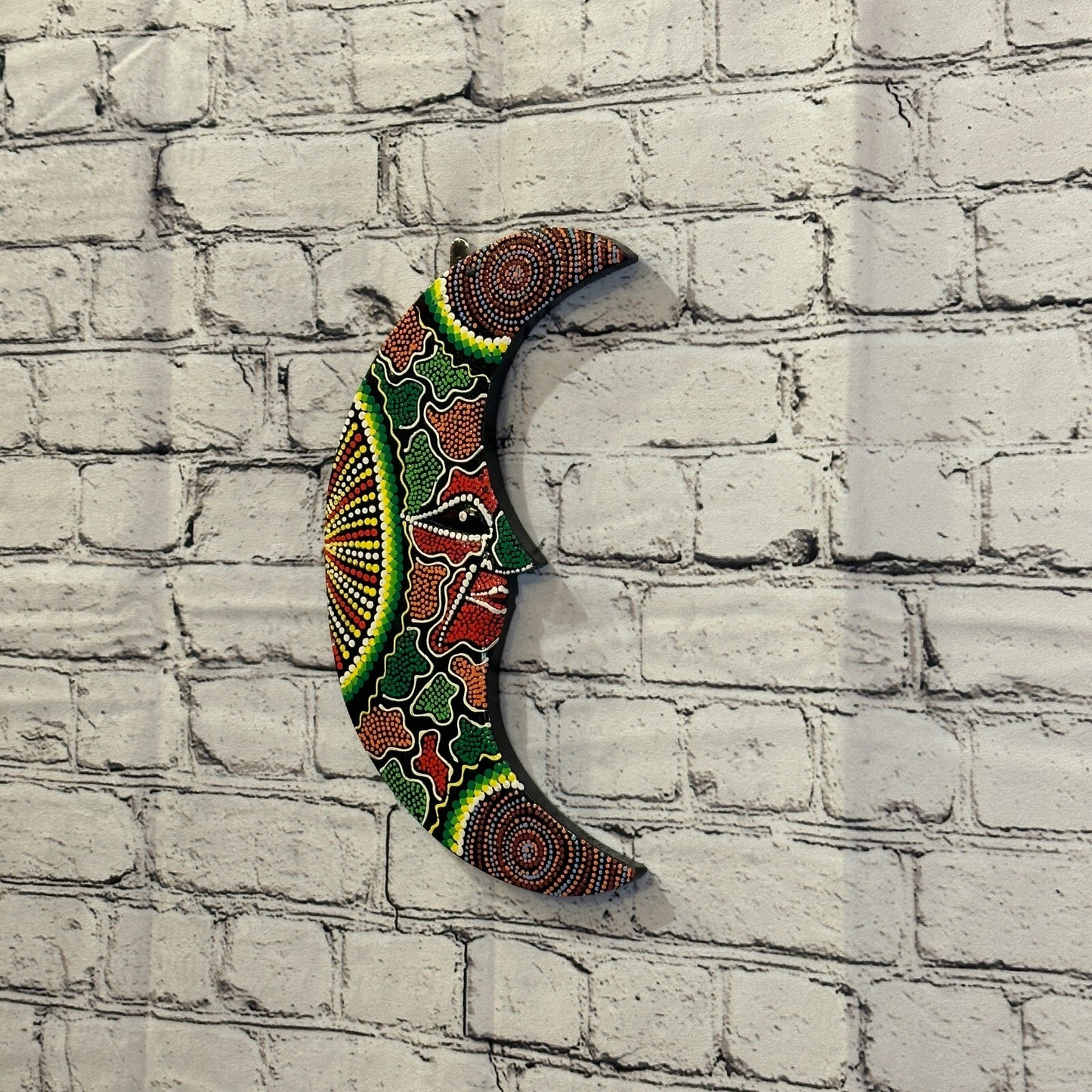 30cm Crescent Moon Carved Wooden Dot Painted Ethnic Tribal Tiki Wall Art No 11