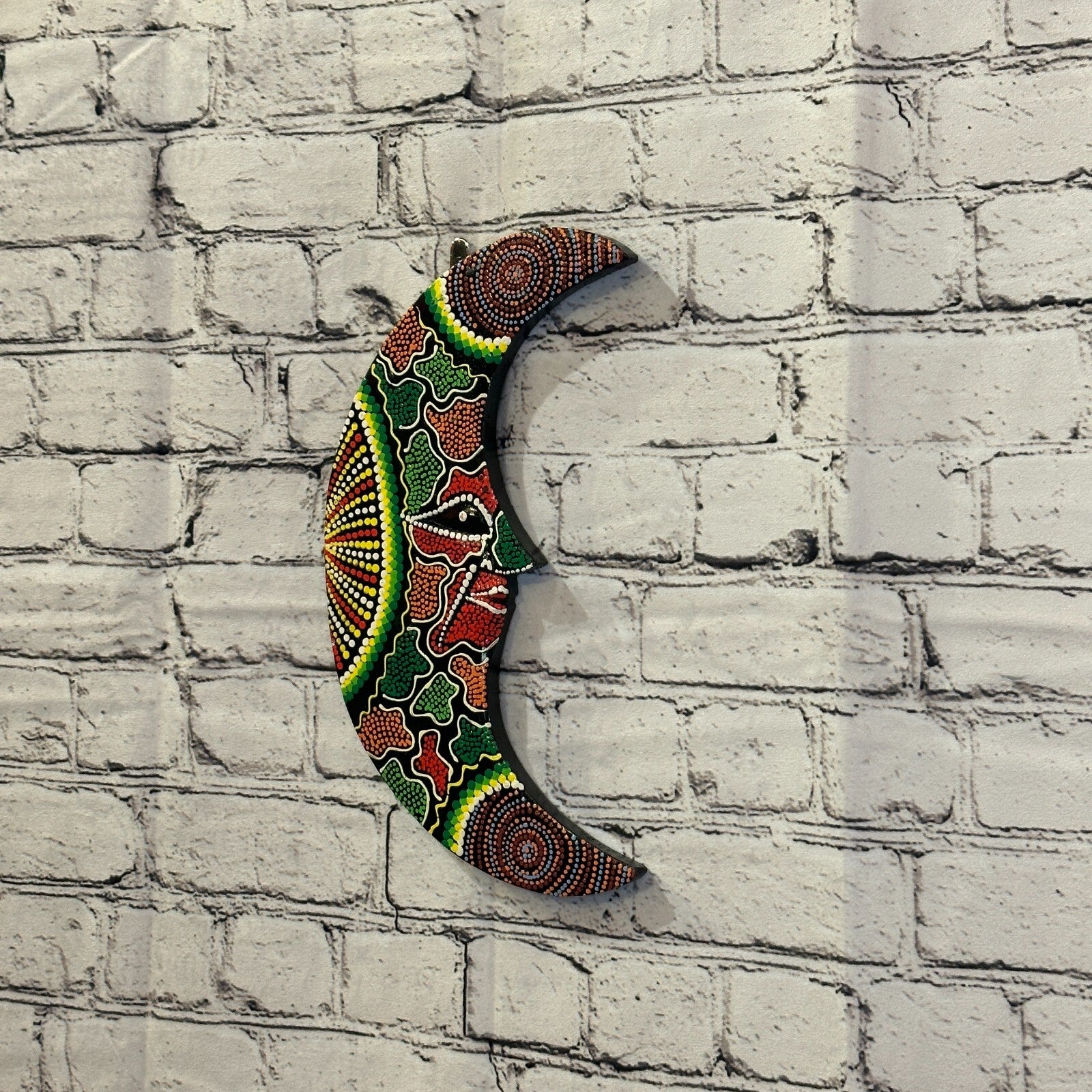 30cm Crescent Moon Carved Wooden Dot Painted Ethnic Tribal Tiki Wall Art No 11