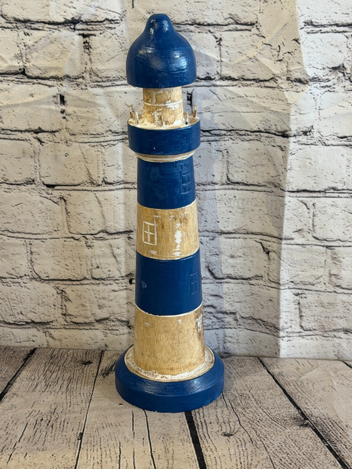 40cm Blue White Wooden Lighthouse Ornament Nautical Coastal Sculpture Statue2