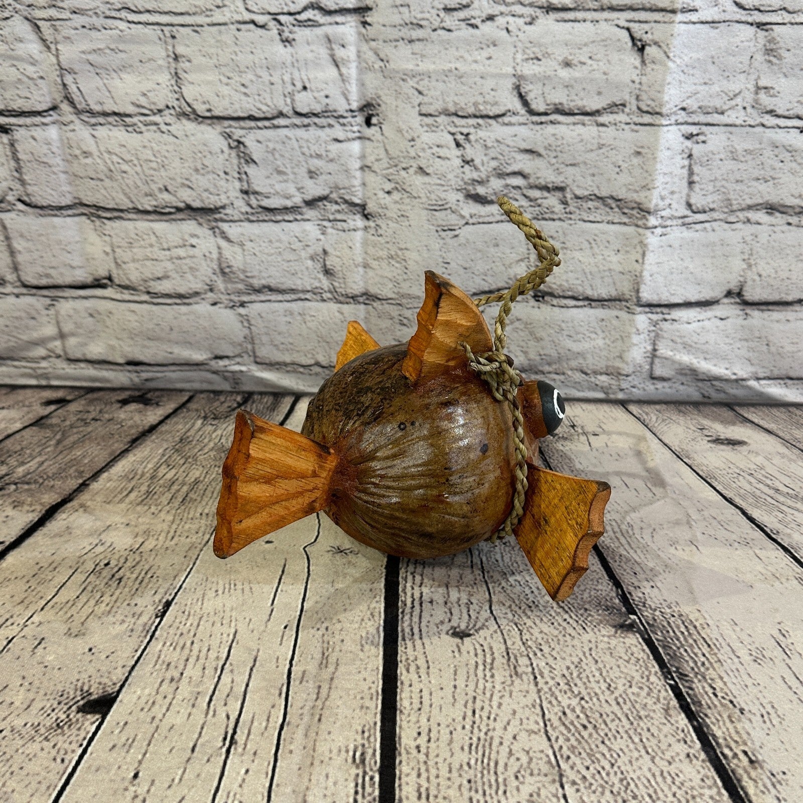 Plain Brown Folk Art Hand Painted Puffer Fish Coconut Shell Ornaments Hanging4