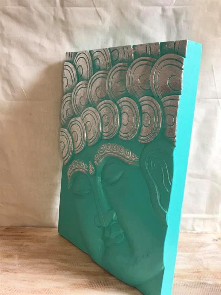 Wooden Wood Panel 40cm Teal Buddha Tall Lotus Wall Art Plaque Handcarved1