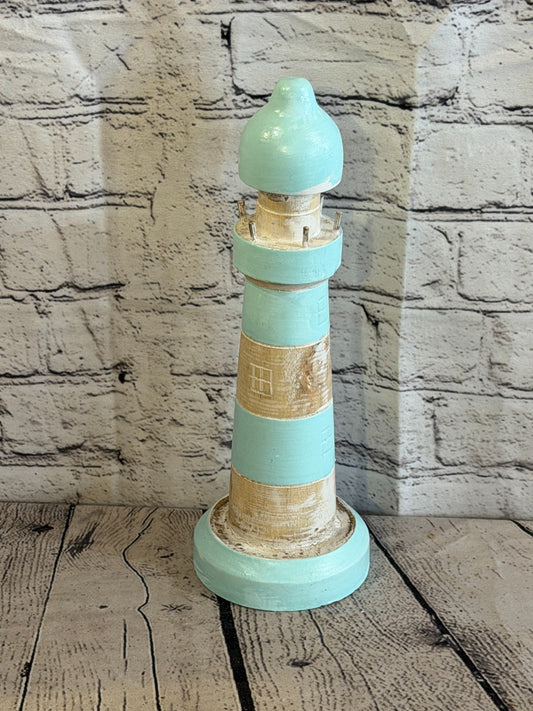 30cm Green White Wooden Lighthouse Ornament Nautical Coastal Sculpture Statue0