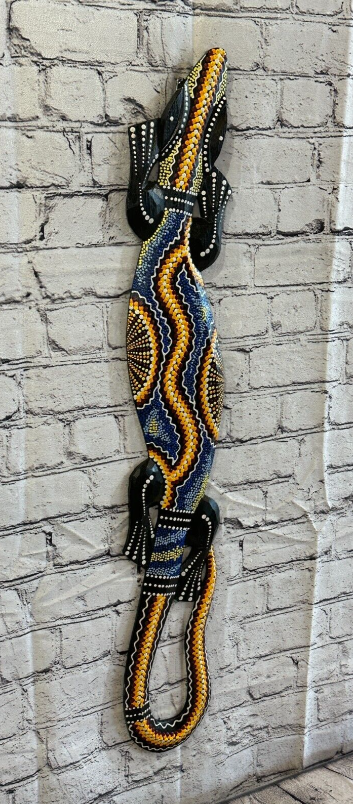 80cm Gecko Carved Wooden Dot Painted Ethnic Tribal Tiki Wall Art Handmade No 10