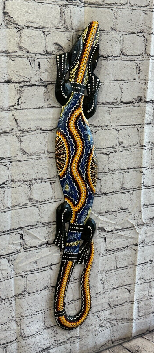 80cm Gecko Carved Wooden Dot Painted Ethnic Tribal Tiki Wall Art Handmade No 10