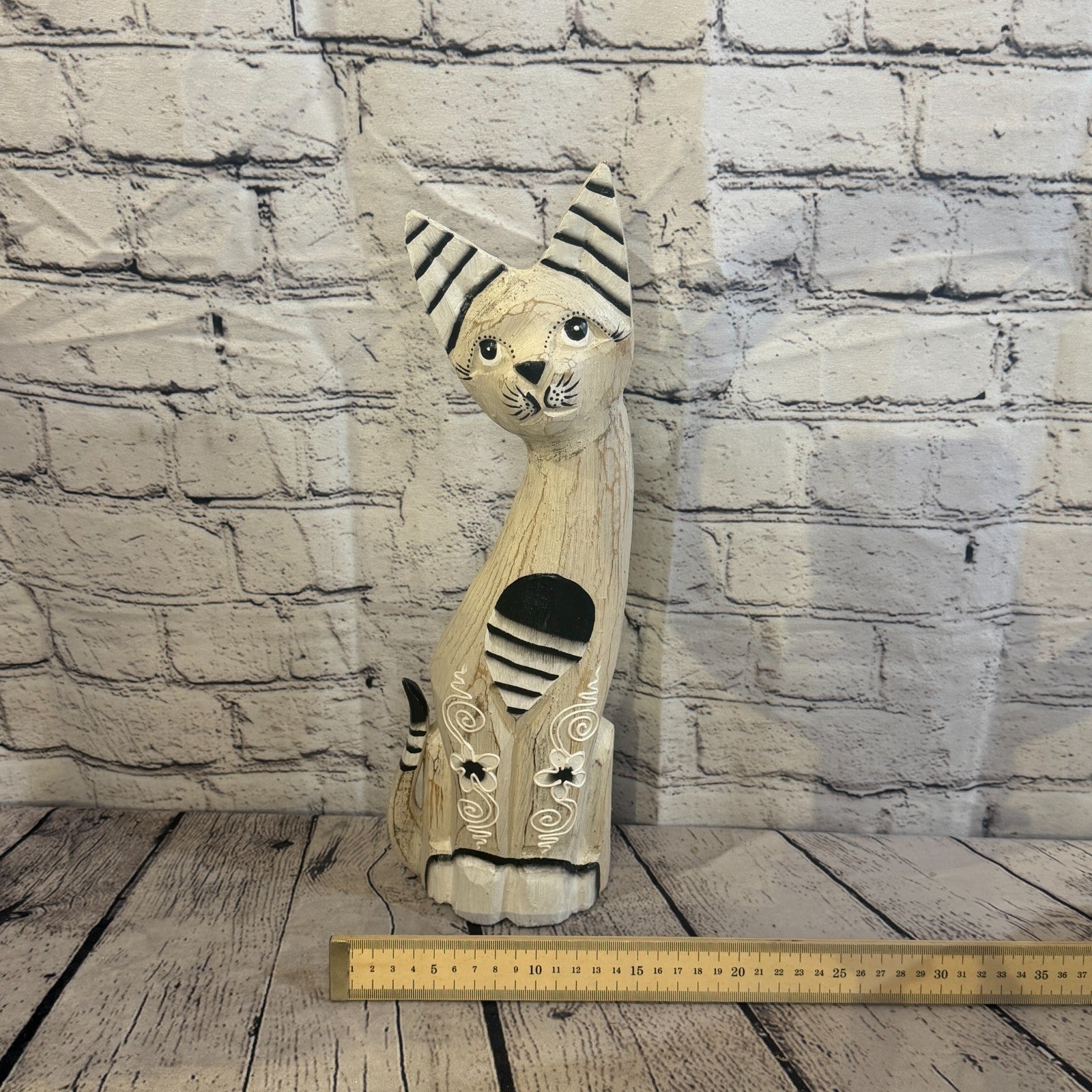 40cm White Flower Wooden Shabby Cat Statue Ornament Fair Trade Handcarved6