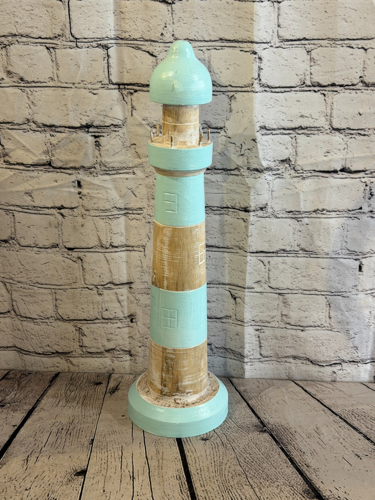 50cm Green White Wooden Lighthouse Ornament Nautical Coastal Sculpture Statue2