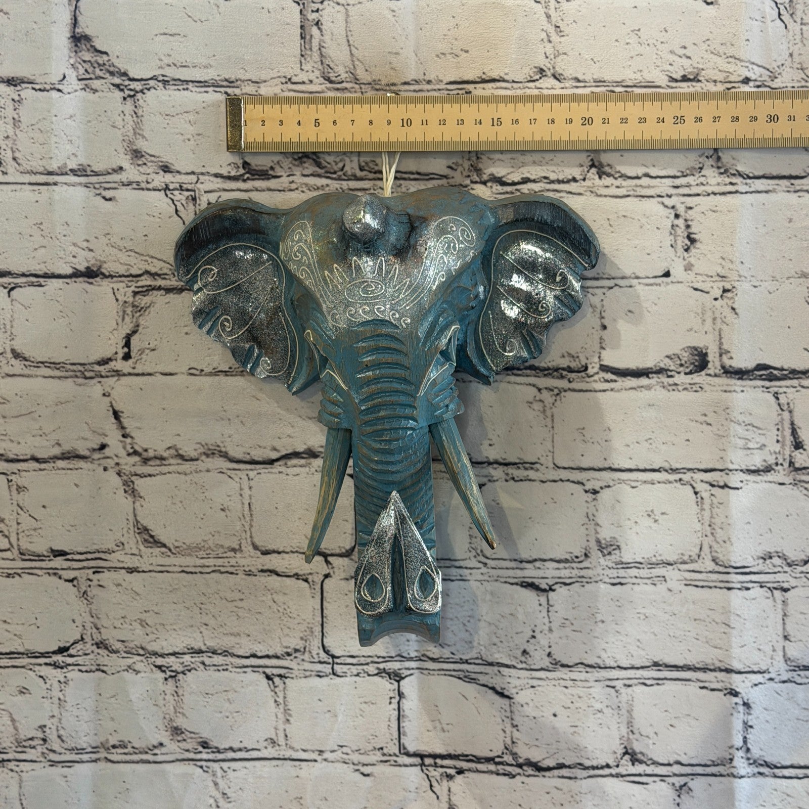 25cm x 25cm Silver Blue Painted Wood Elephant Head Wall Mounted Art Shabby3