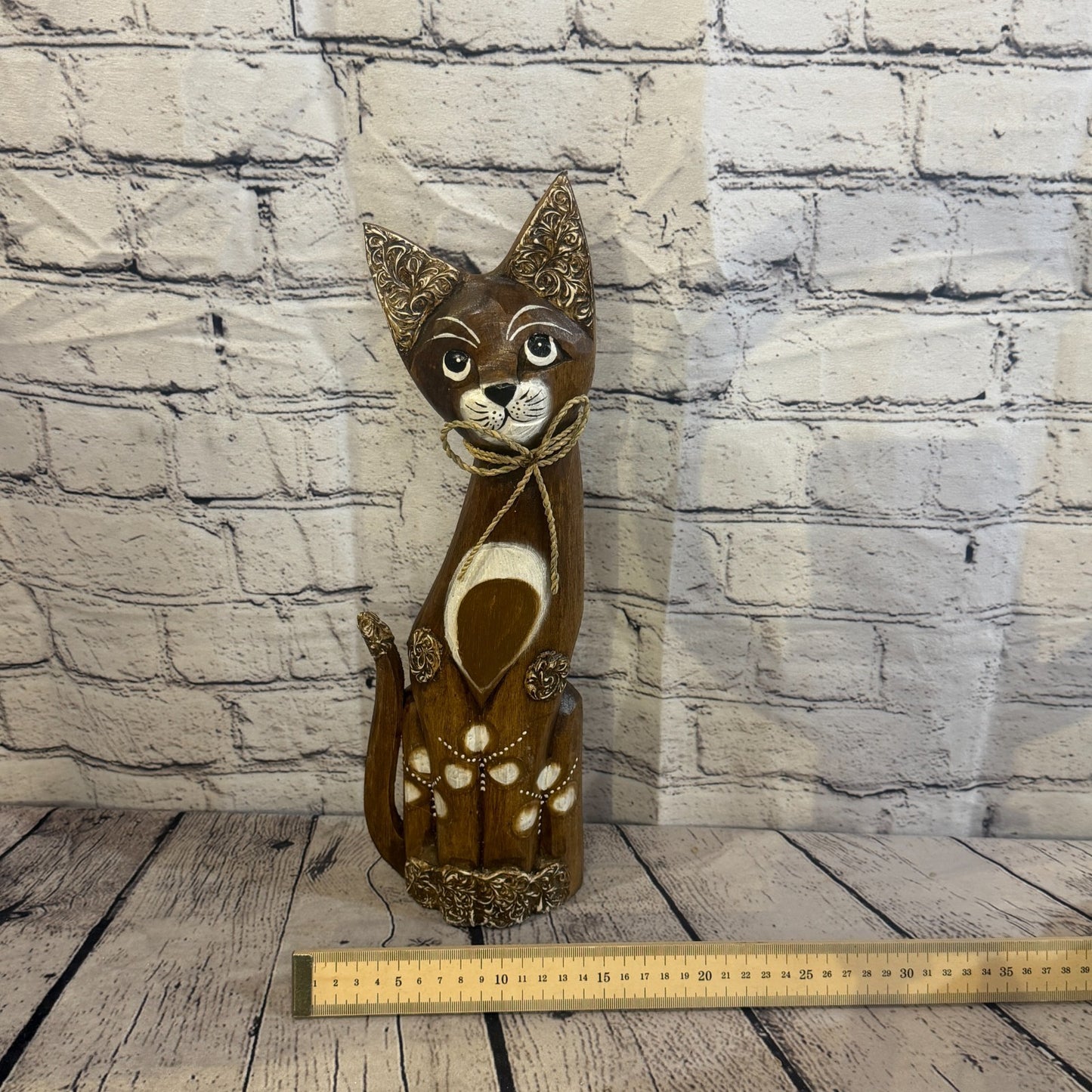 40cm Brown Silver Dots Wooden Shabby Cat Statue Ornament Fair Trade Handcarved6