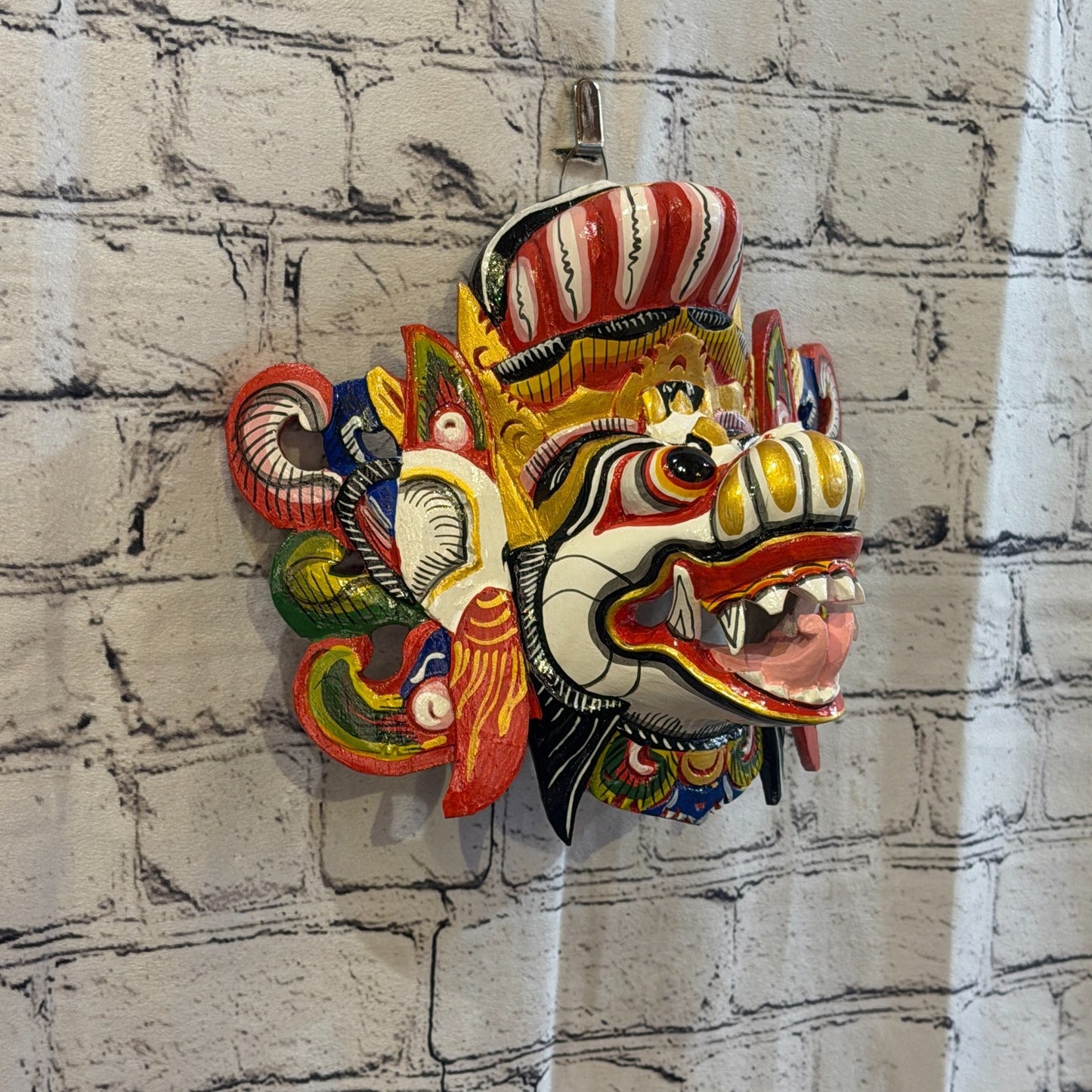 20cm Barong Wide White Demon Dragon Hindu Deity Wooden Hand Carved Mask Painted0