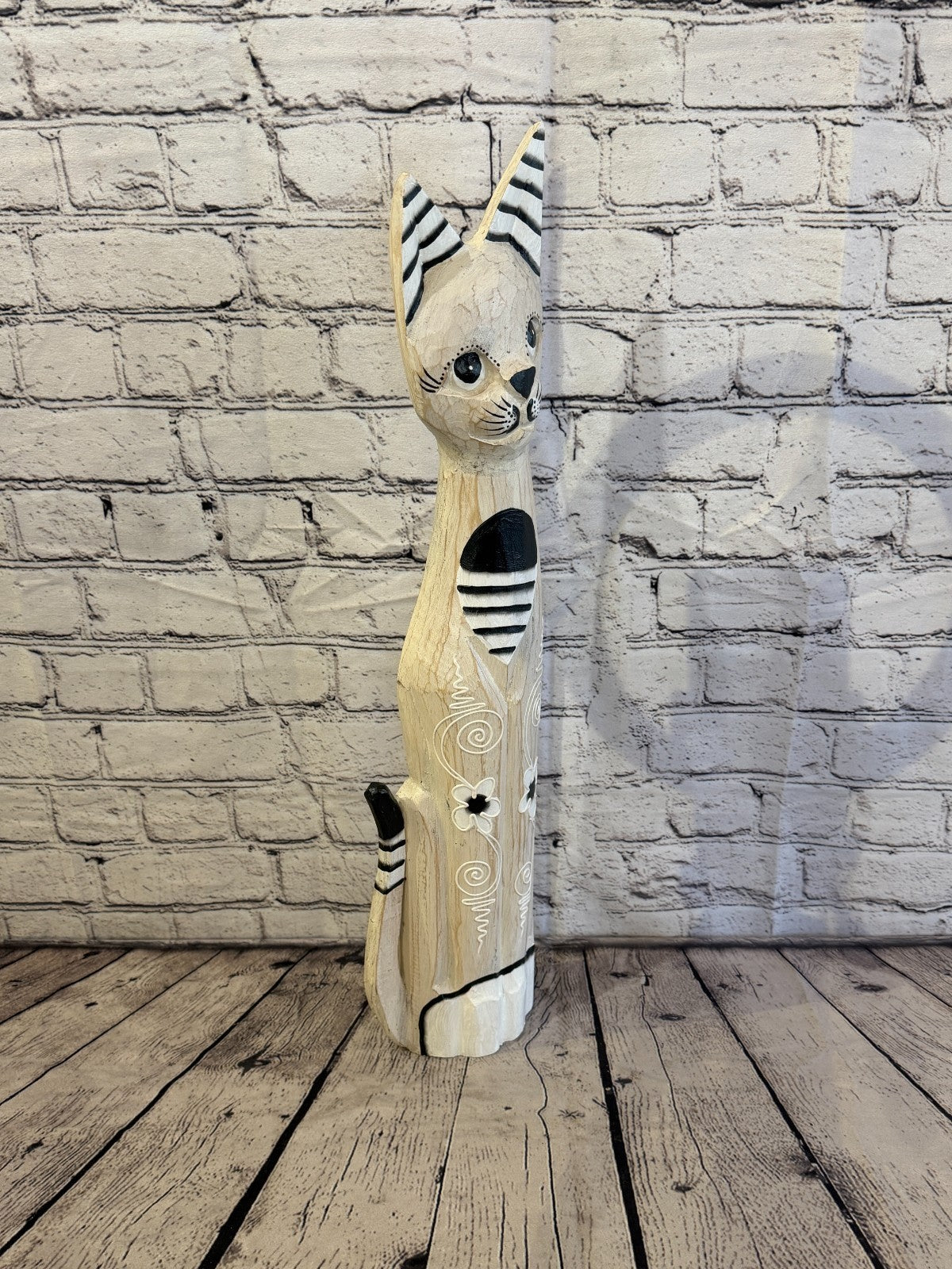 60cm White Flower Wooden Shabby Cat Statue Ornament Fair Trade Handcarved2