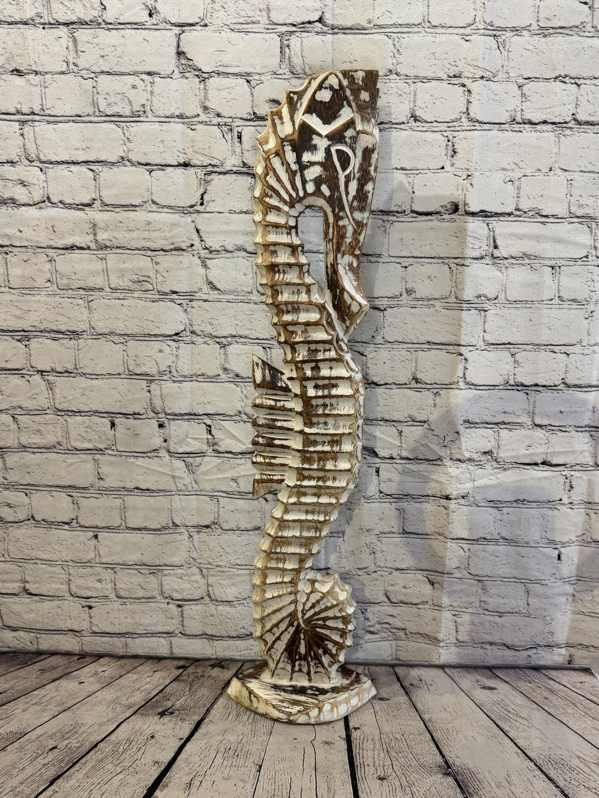 80cm Brown Wooden Shabby Seahorse Statue Ornament Fair Trade Handcarved3