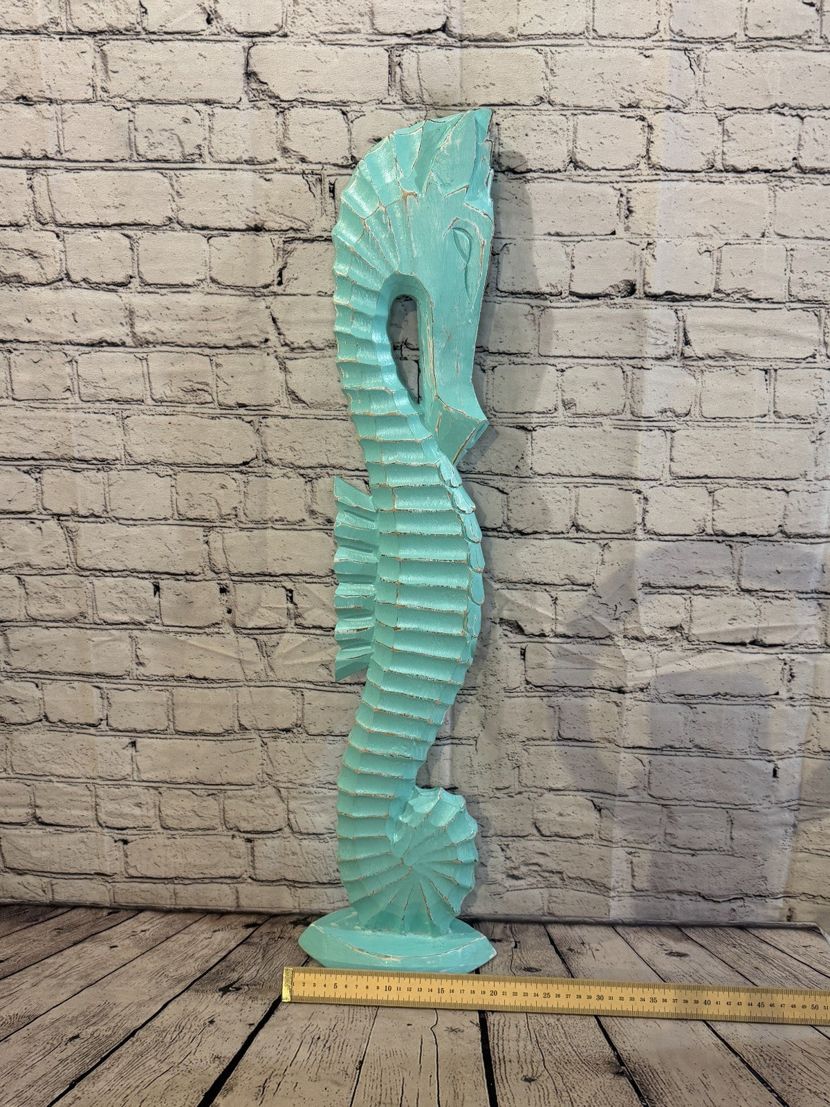 80cm Green Teal Wooden Shabby Seahorse Statue Ornament Fair Trade Handcarved6