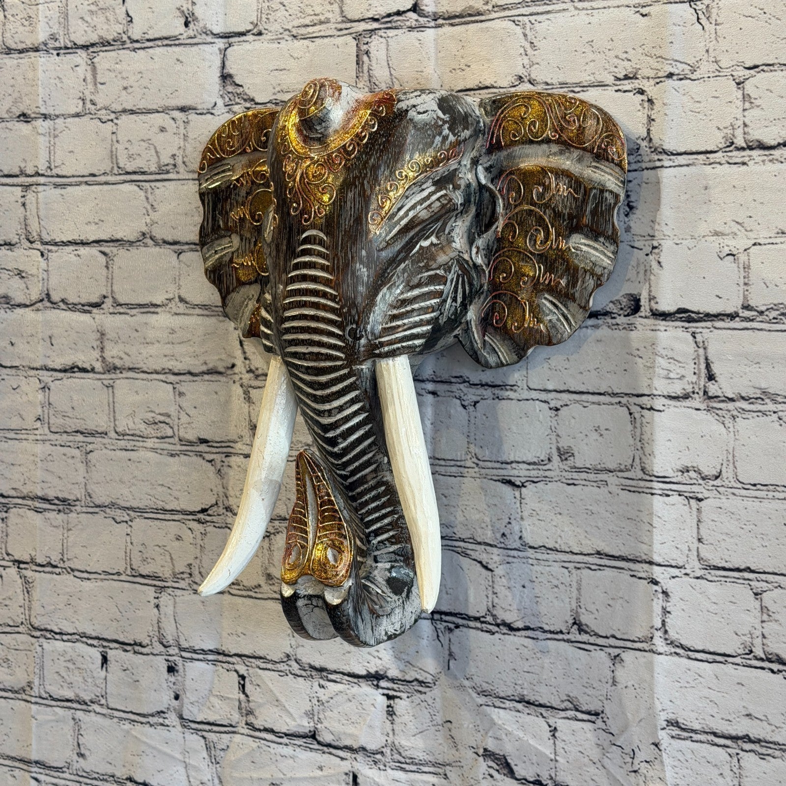 40cm x 40cm Brown Gold Painted Wood Elephant Head Wall Mounted Art Shabby1