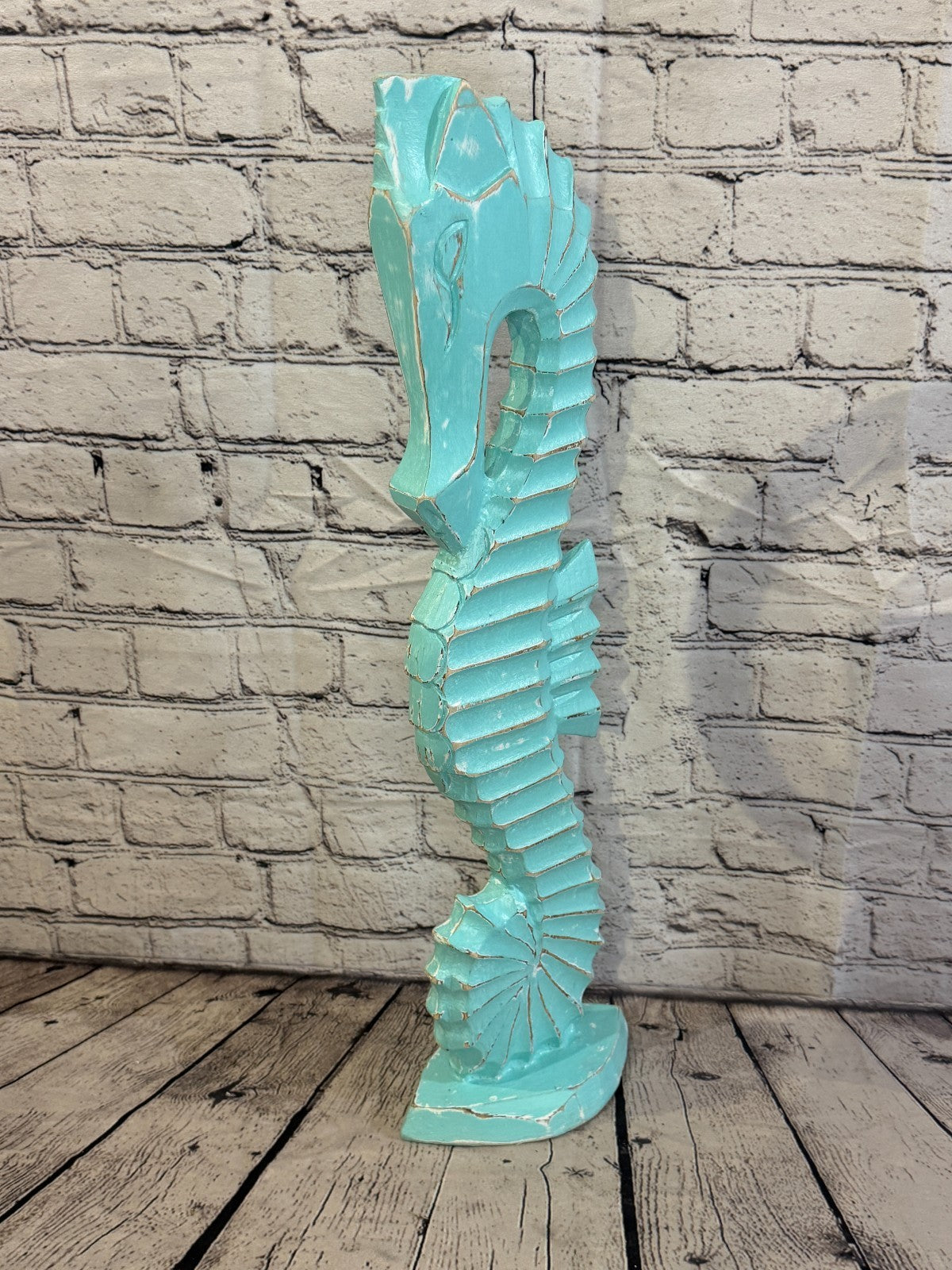 60cm Green Teal Wooden Shabby Seahorse Statue Ornament Fair Trade Handcarved0