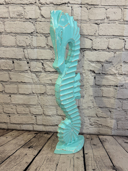 60cm Green Teal Wooden Shabby Seahorse Statue Ornament Fair Trade Handcarved0