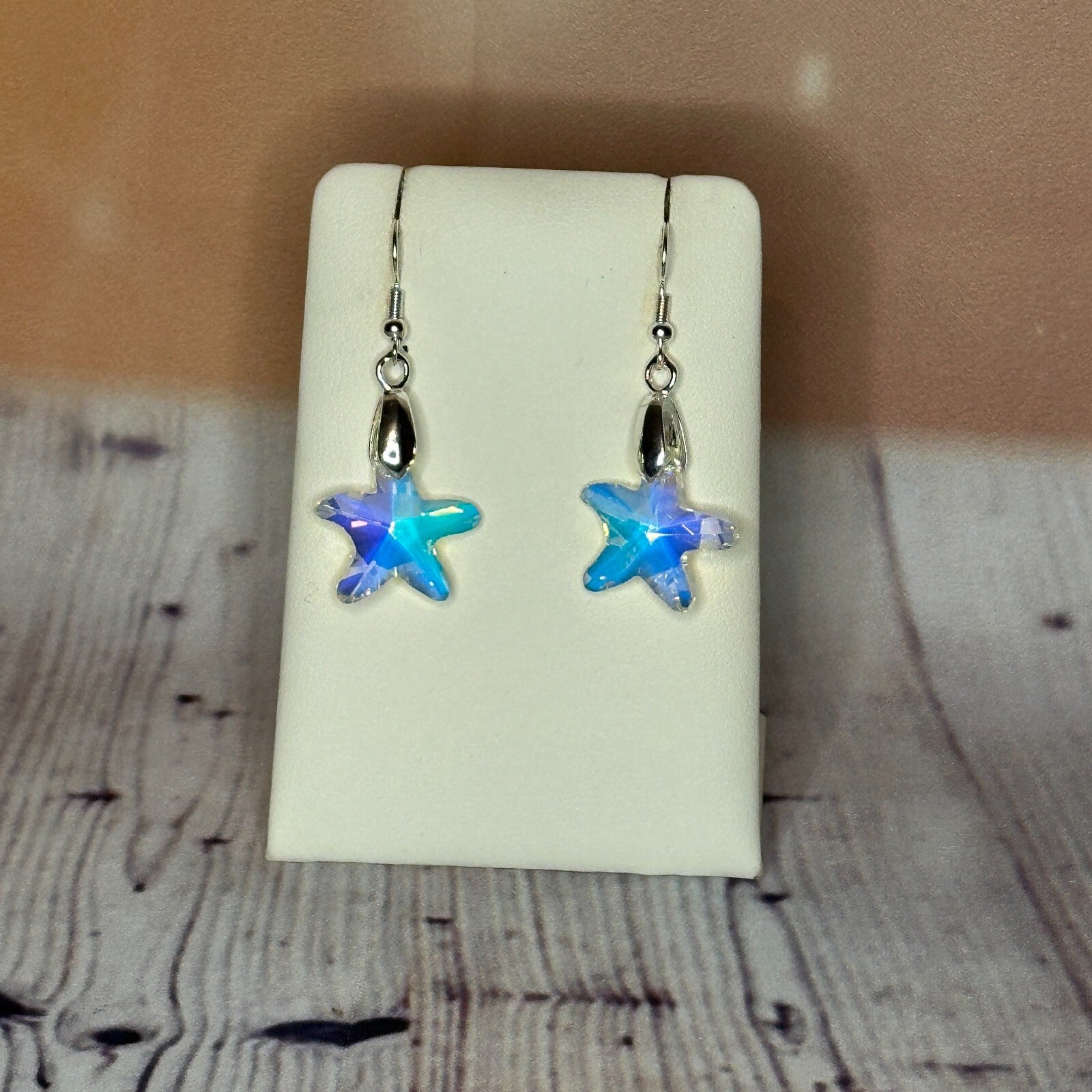 Clear Blue Crystal Star Shaped Dangle Drop Earrings Handmade UK Jewellery0