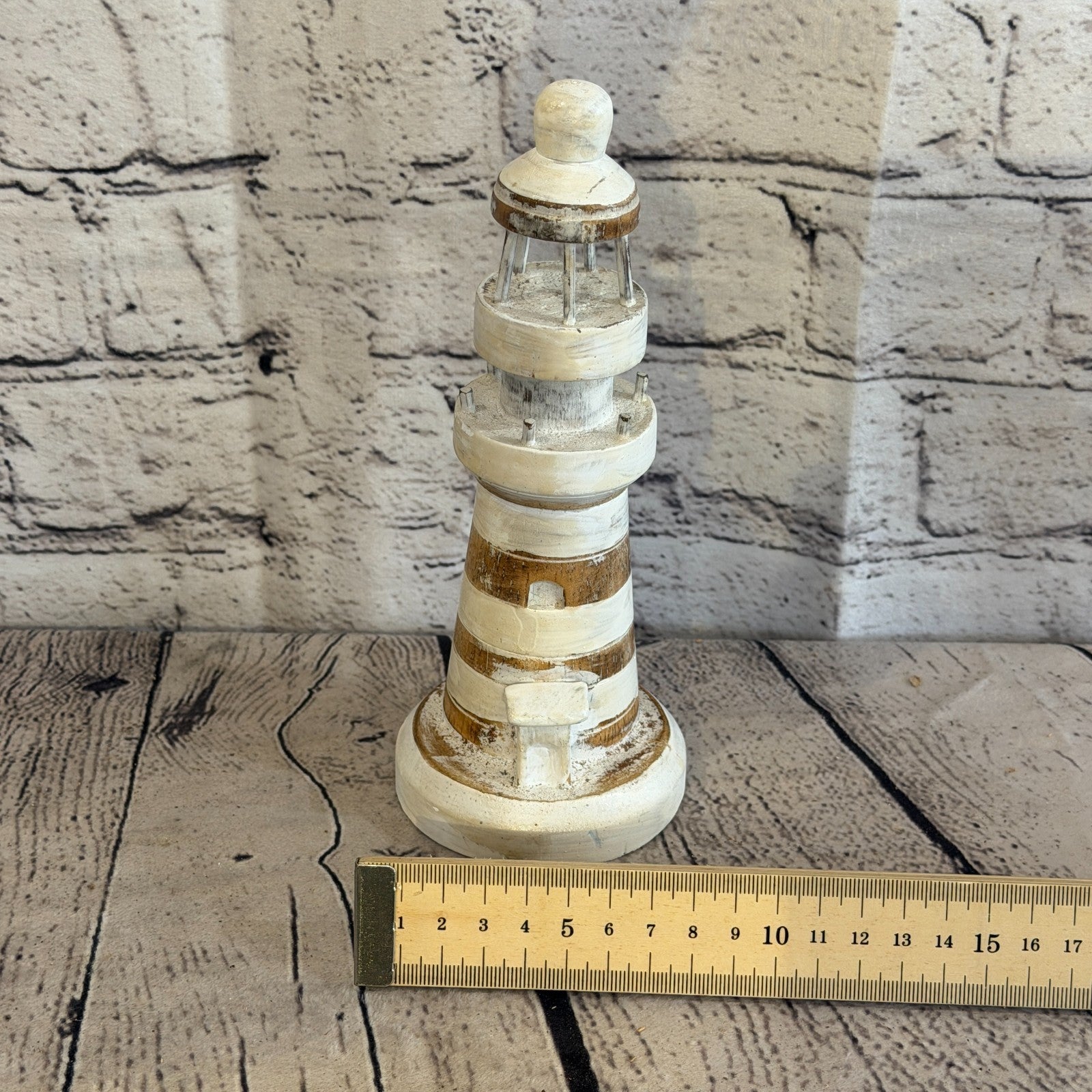 20cm Cream White Wooden Lighthouse Detailed Ornament Nautical Coastal Sculpture4