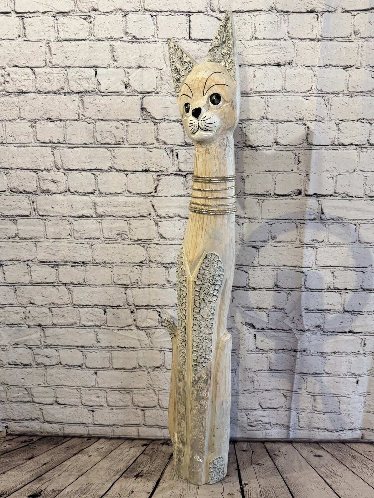 100cm White Silver Dots Wooden Shabby Cat Statue Ornament Fair Trade Handcarved1