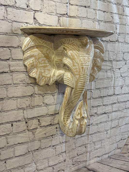50cm x 45cm White Carved Wood Elephant Head Shelf Wall Mounted Art Large Shabby0