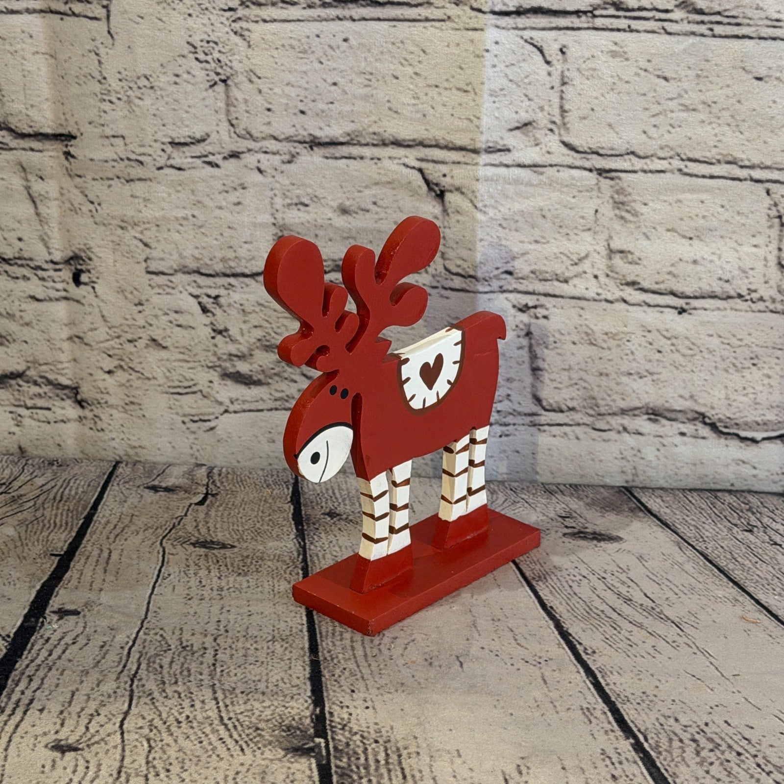 18cm x 10cm Red Heart Handcrafted Wood Reindeer Xmas Christmas Ornament Antlers2