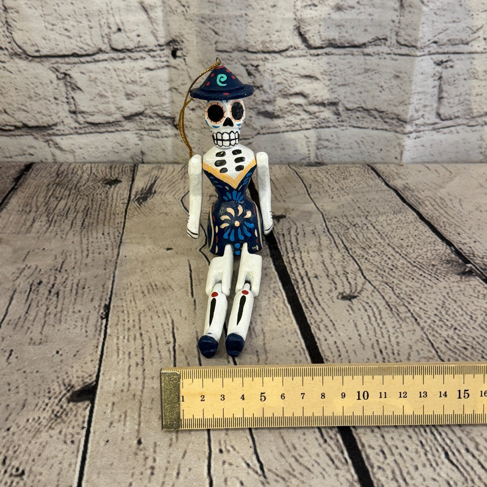 10cm Navy Day Of The Dead Lady Sitting Animal, Wooden Shelf Ornament Fairtrade6