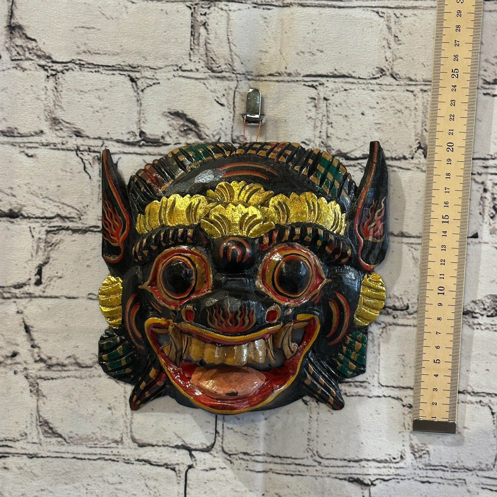 Large Wooden Black Barong Wall Mask 18cm x 18cm Handmade And Fairtrade Hindu3