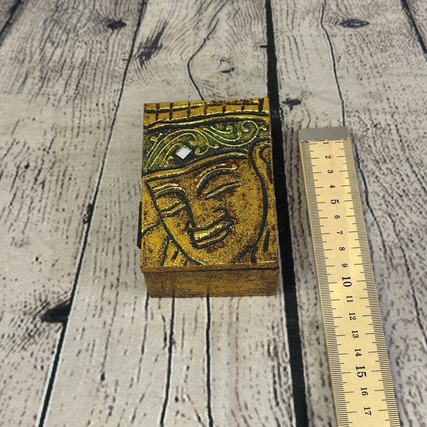 Bright Gold Thai Buddha Head Right 10cm x 7cm x 4cm Wooden Box Trinket Handmade4