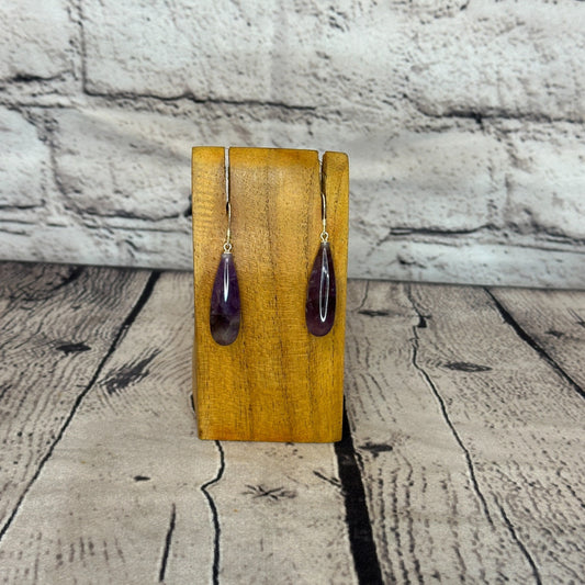 Amethyst Flat Oval Solid Stone 925 Silver Dangle Drop Earrings Jewellery0