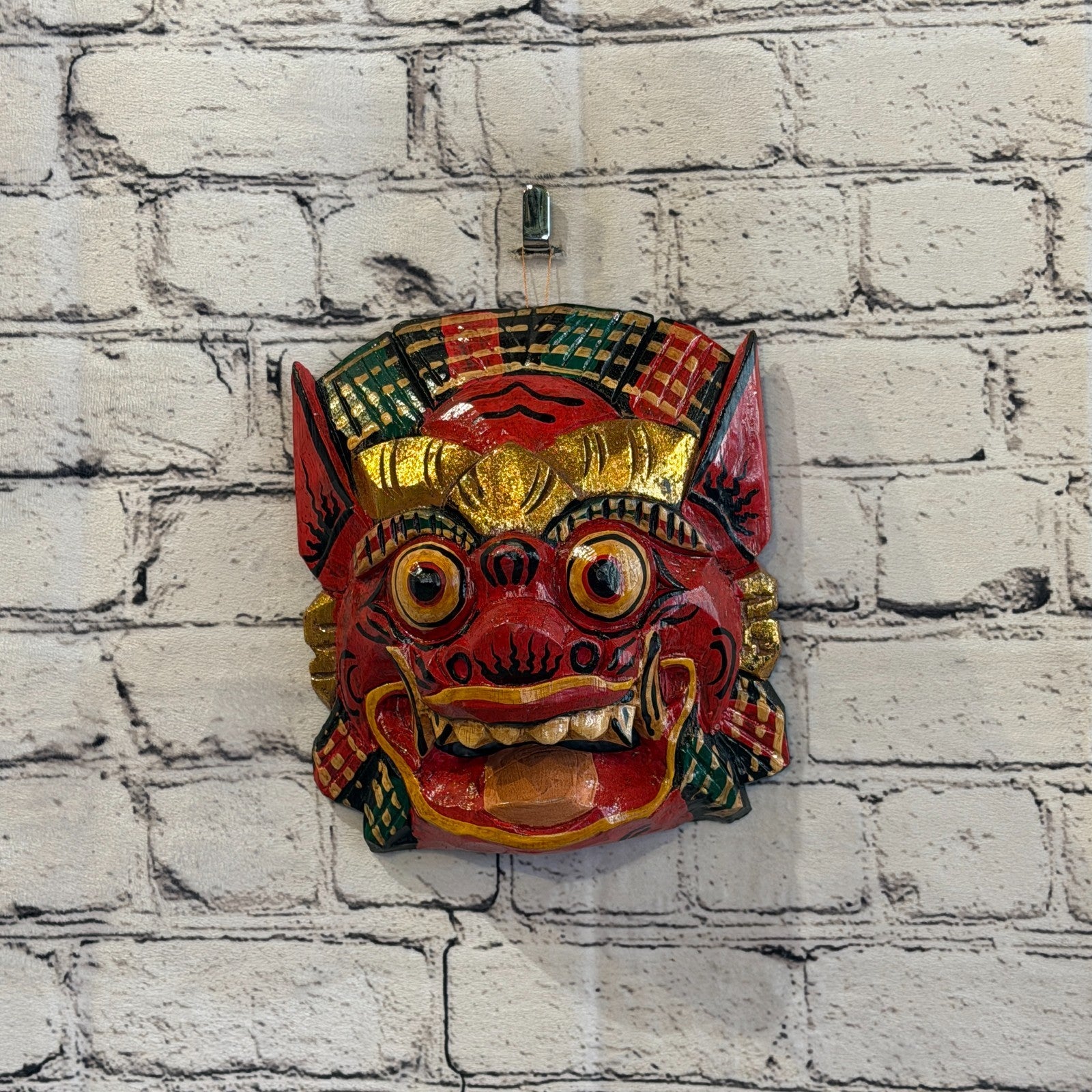 Large Wooden Red Barong Wall Mask 20cm x 20cm Handmade And Fairtrade Hindu2