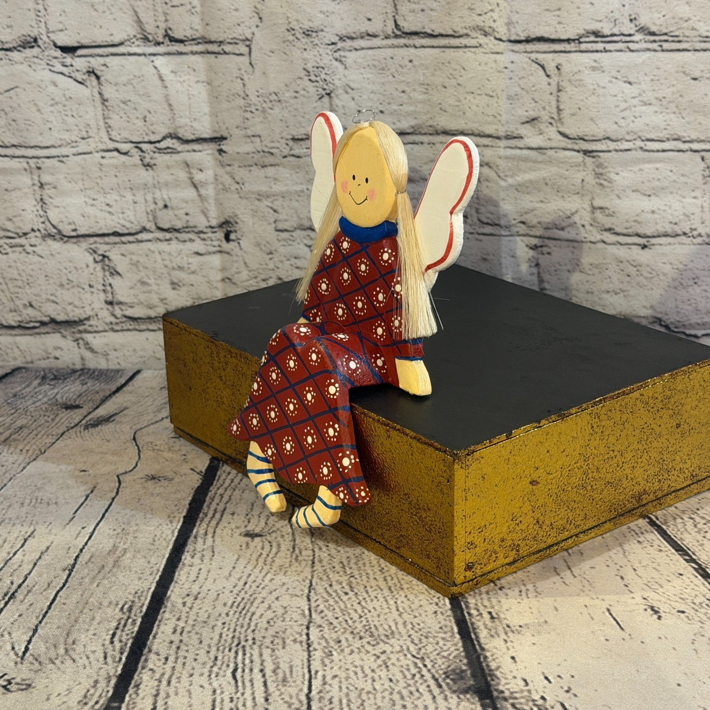 20cm Red Shelf Sitter Angel Figurine Folk Art Wood Fabric Baltic Handmade0