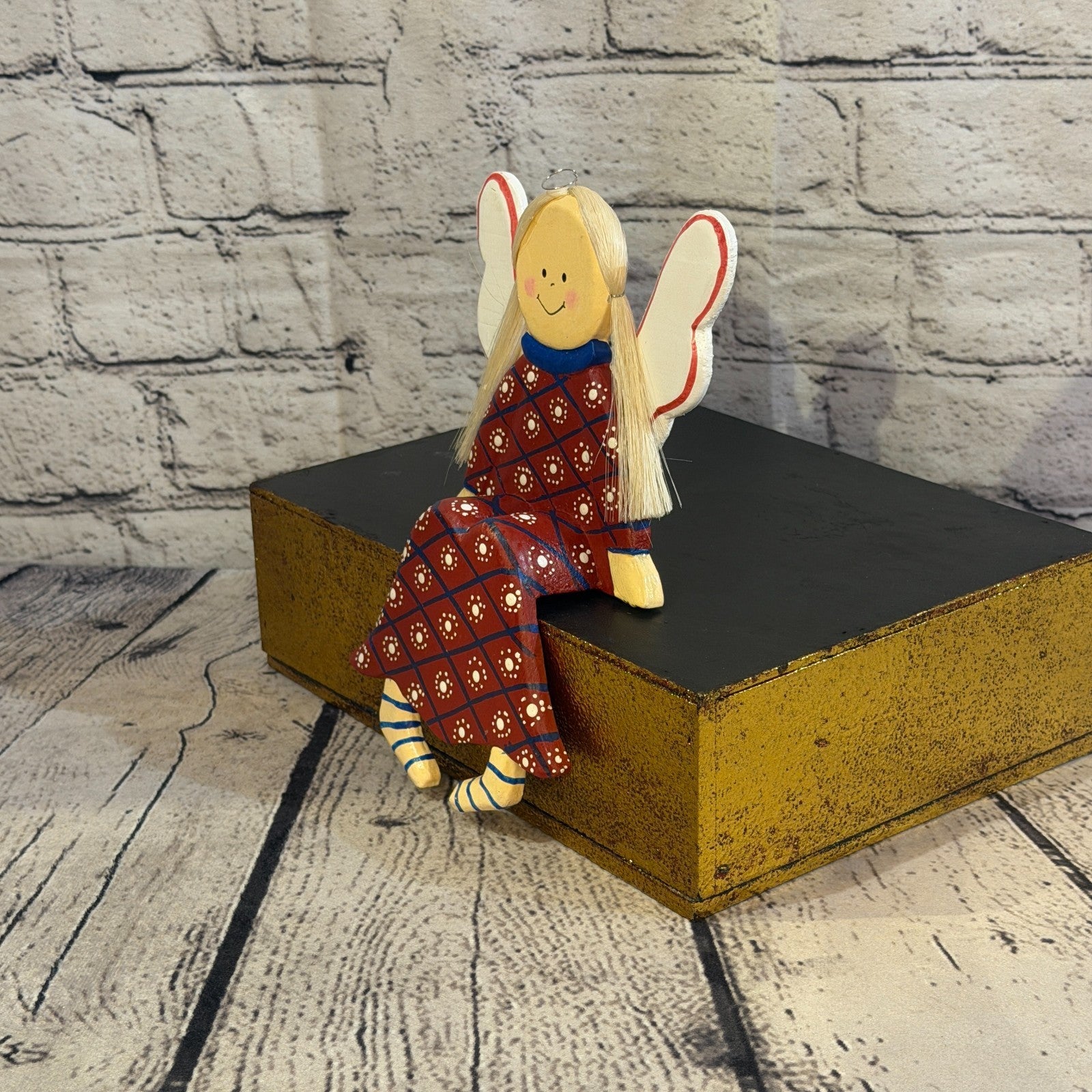 20cm Red Shelf Sitter Angel Figurine Folk Art Wood Fabric Baltic Handmade0