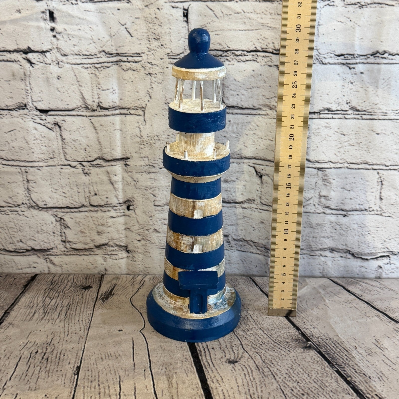 30cm Blue White Wooden Lighthouse Detailed Ornament Nautical Coastal Sculpture3