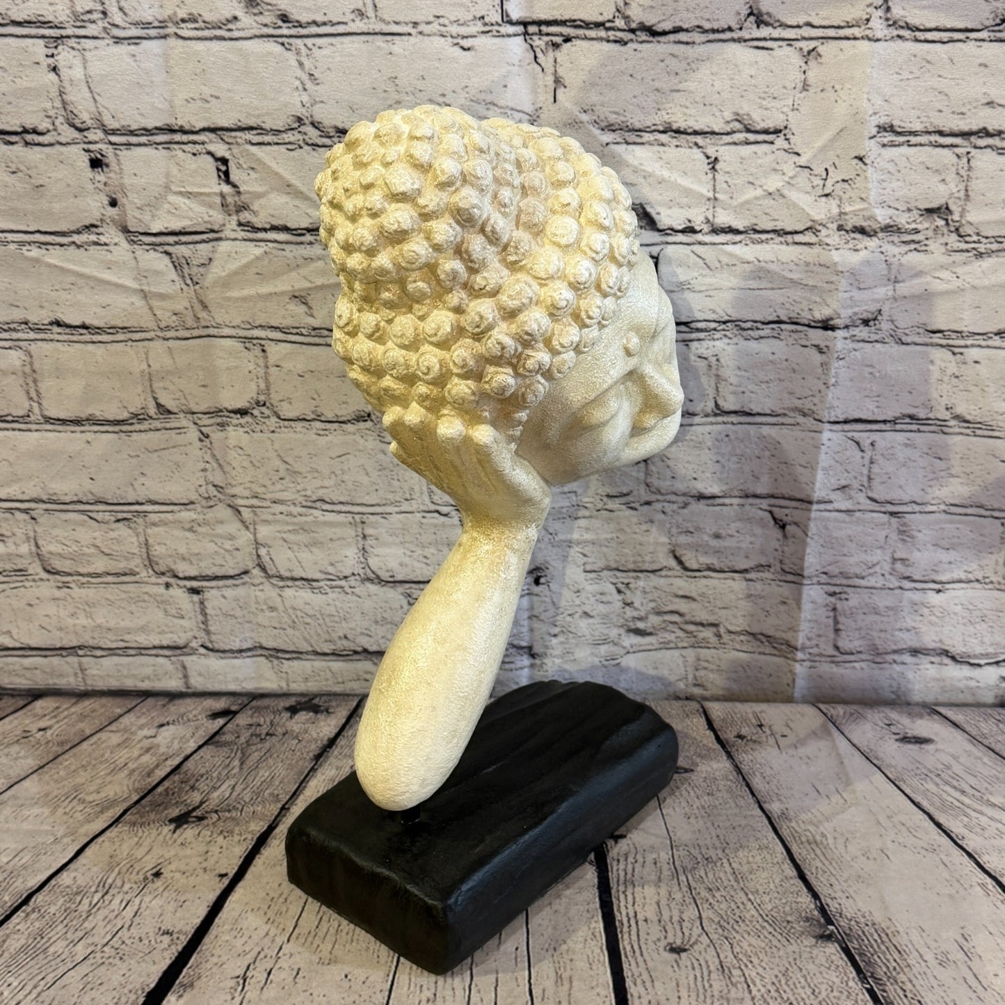 White 45cm x 25cm Thai Buddha Head In Hand On Base Statue Resin Hindu2