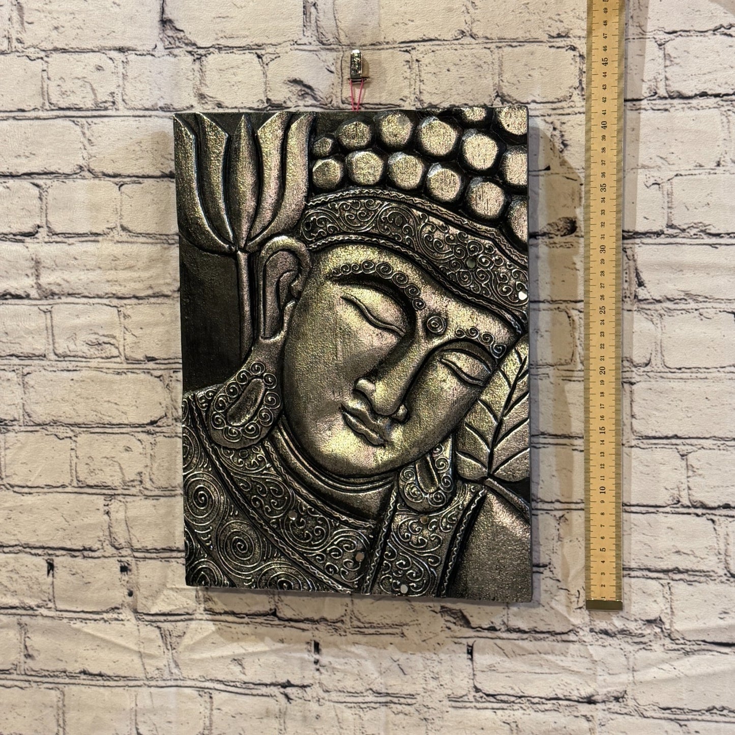 Wooden Wood Panel 40cm Silver Black Buddha Lotus Wall Art Plaque Handcarved4