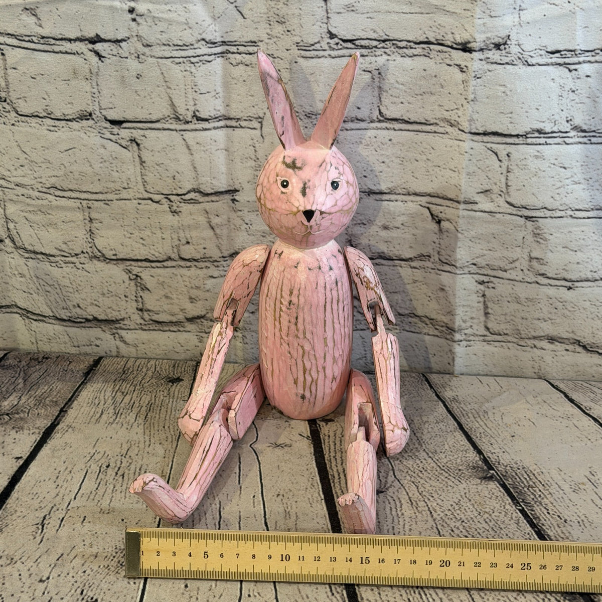 30cm Pink Bunny Rabbit Sitting Animal, Wooden Shelf Ornament Handmade Fairtrade6