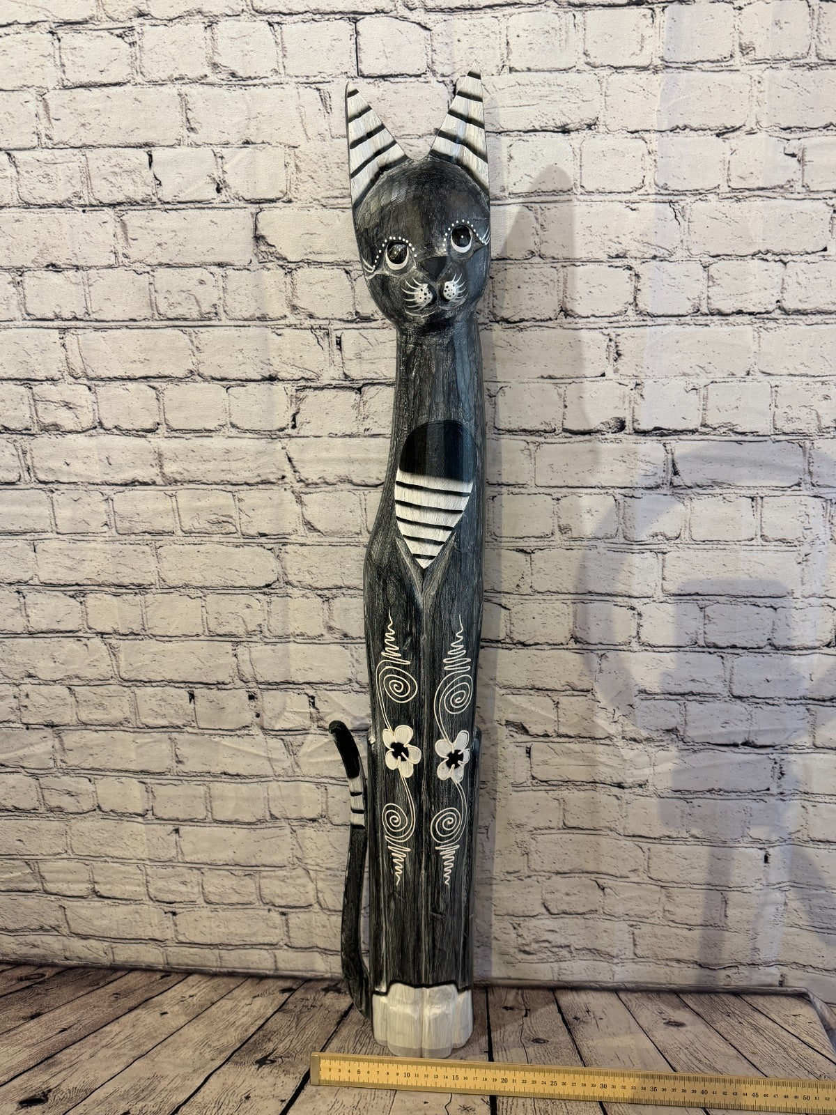 100cm Grey Flower Wooden Shabby Cat Statue Ornament Fair Trade Handcarved6