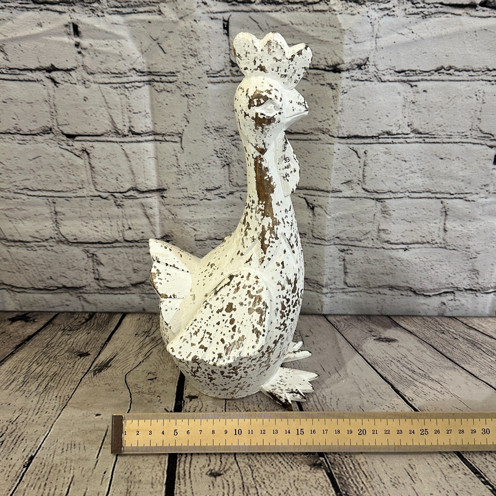 30cm x 15cm White Shabby Wooden Rooster Cockerel Retro Collectable Hand Carved8