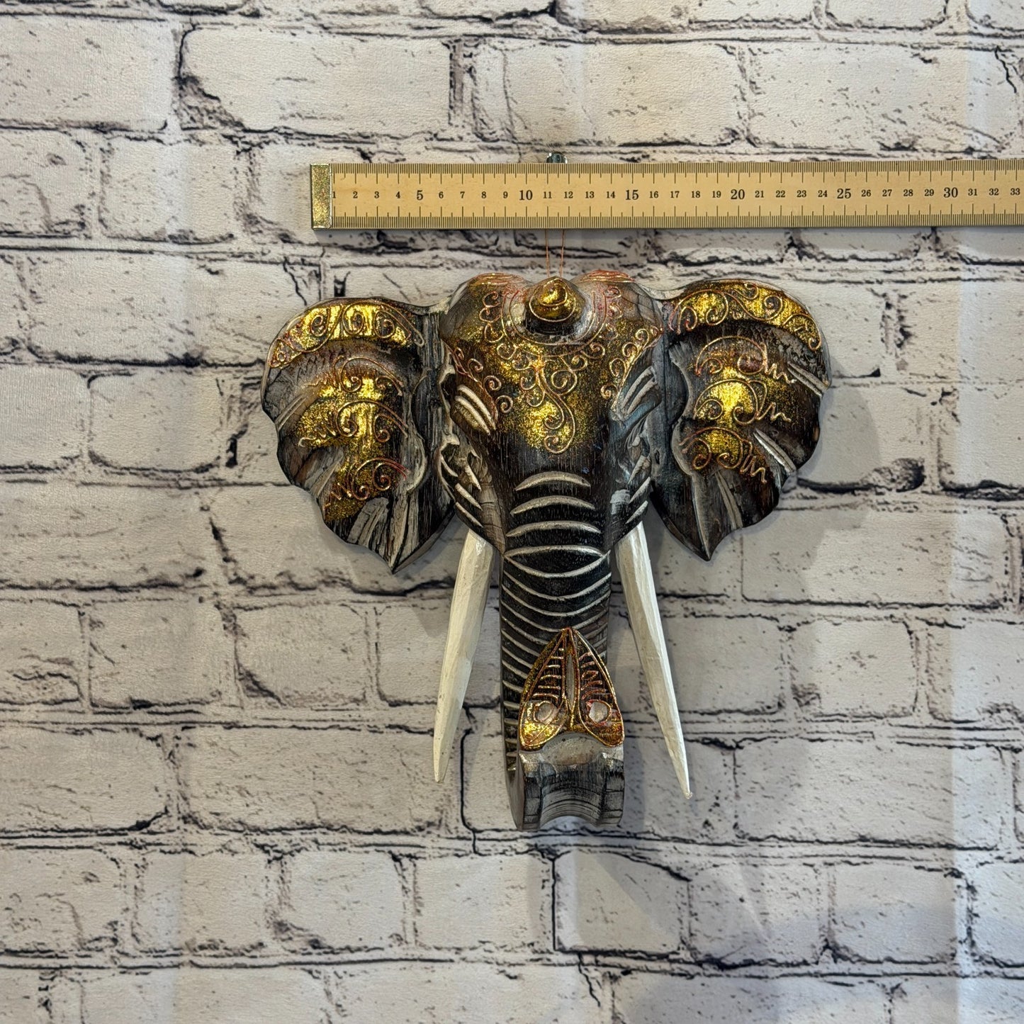25cm x 25cm Brown Gold Painted Wood Elephant Head Wall Mounted Art Shabby3