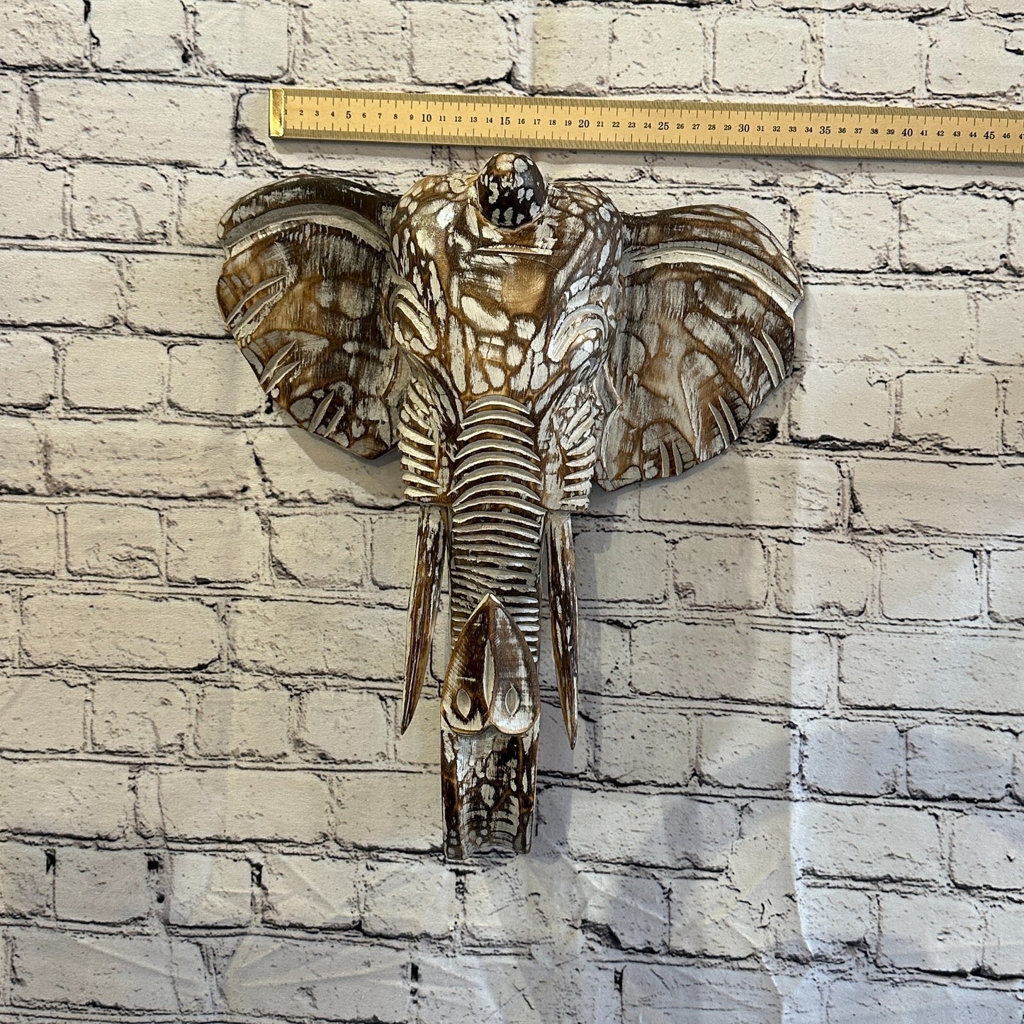 40cm x 35cm Brown Carved Wood Elephant Head Wall Mounted Art Large Shabby4