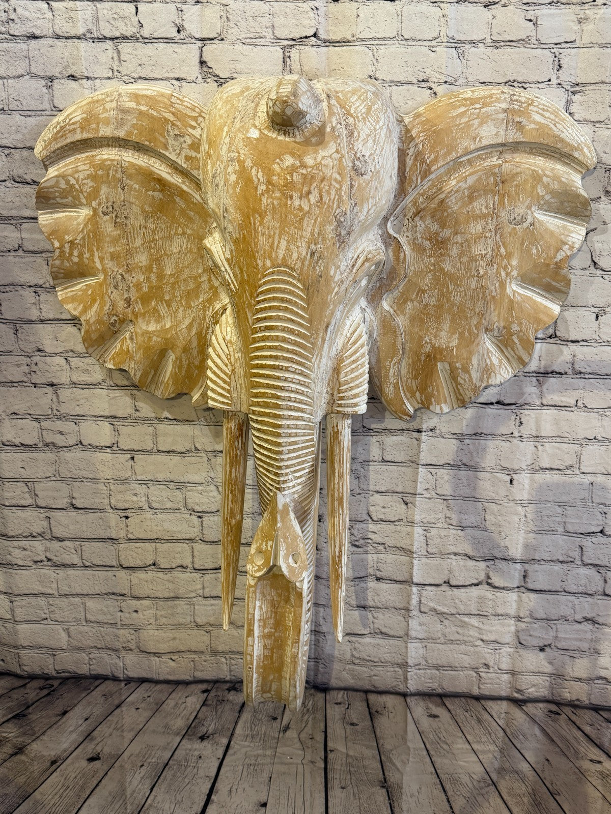 100cm x 80cm White Carved Wood Elephant Head Wall Mounted Art Large Shabby2