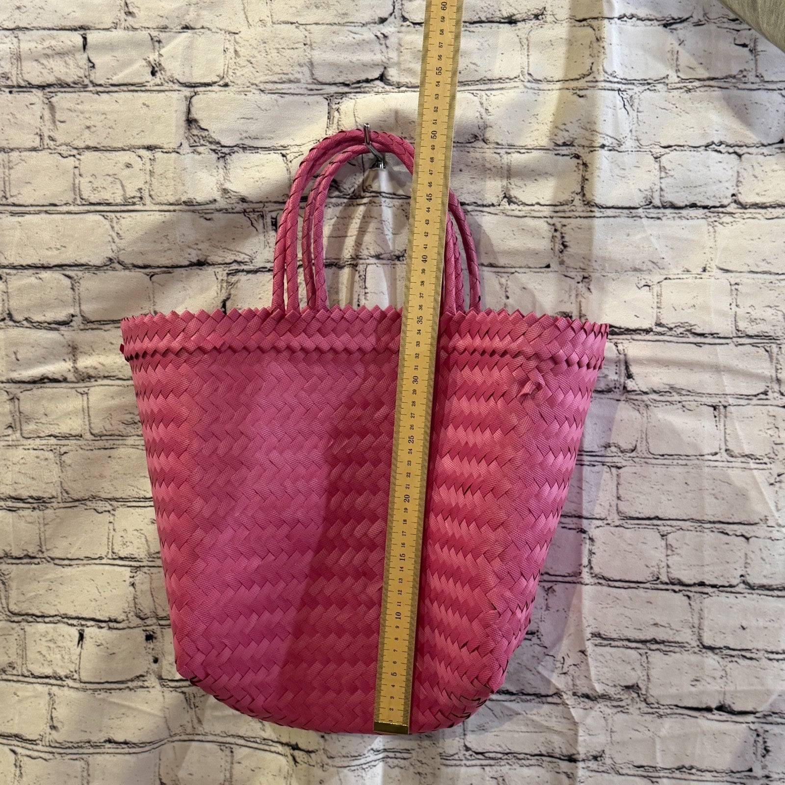 Bright Pink 40cm Handwoven Tote Bag Recycled Plastic Eco-Friendly Market Beach4