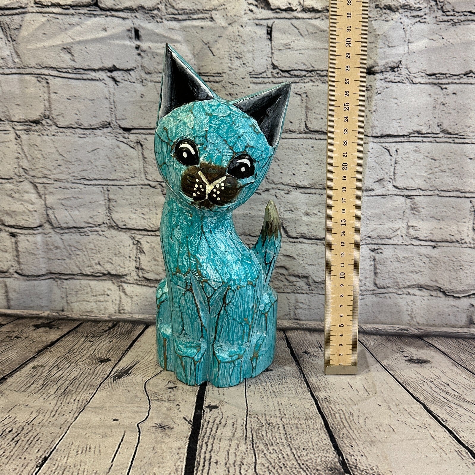 30cm x 12cm Green Flower Wooden Shabby Cat Statue Ornament Fair Trade Handcarved6