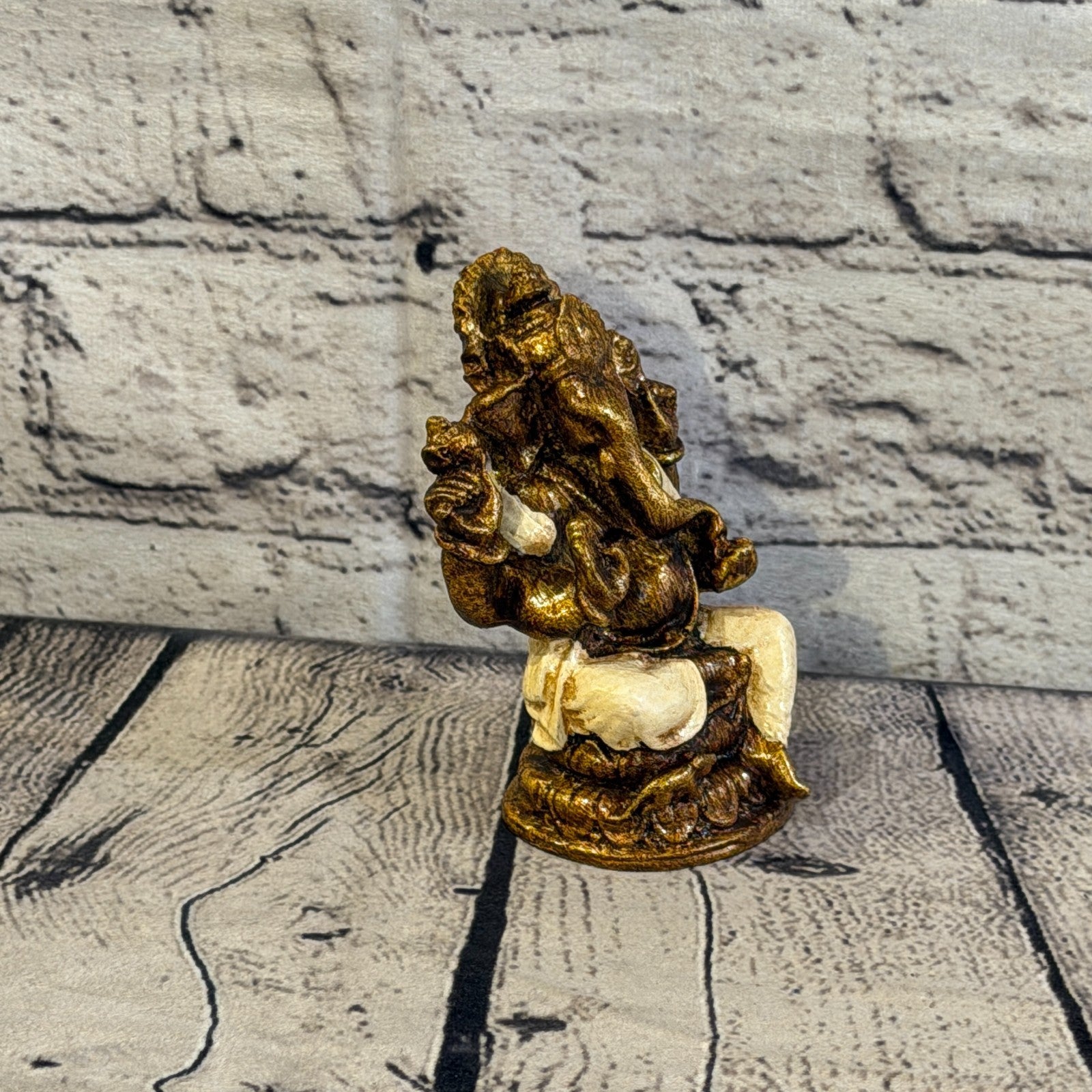Cream & Bronze 12cm Small Ganesh Ganesa Sitting On Lotus Statue Resin Hindu2