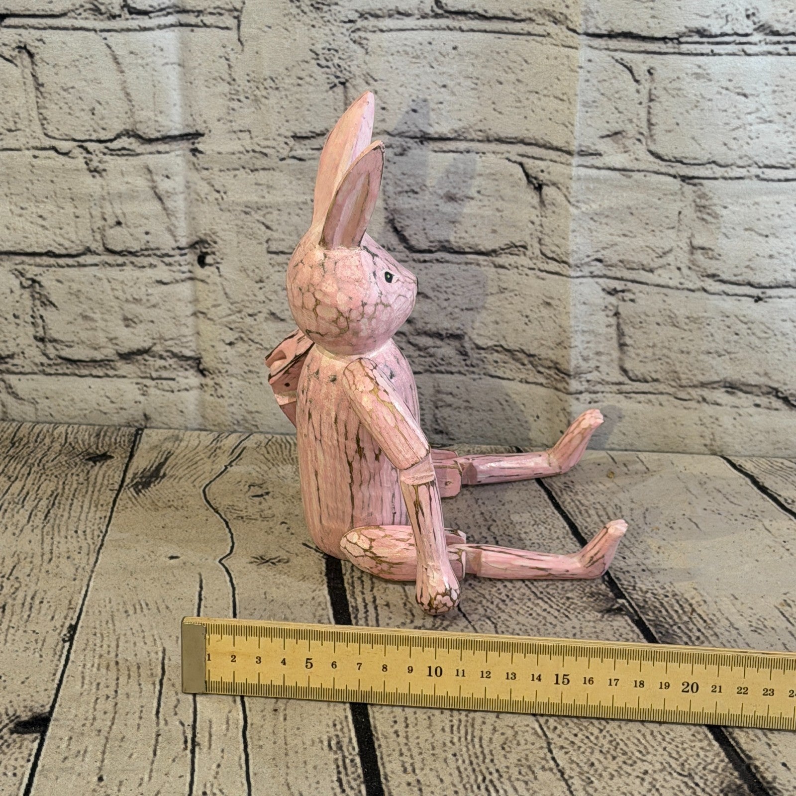 20cm Pink Bunny Rabbit Sitting Animal, Wooden Shelf Ornament Handmade Fairtrade7